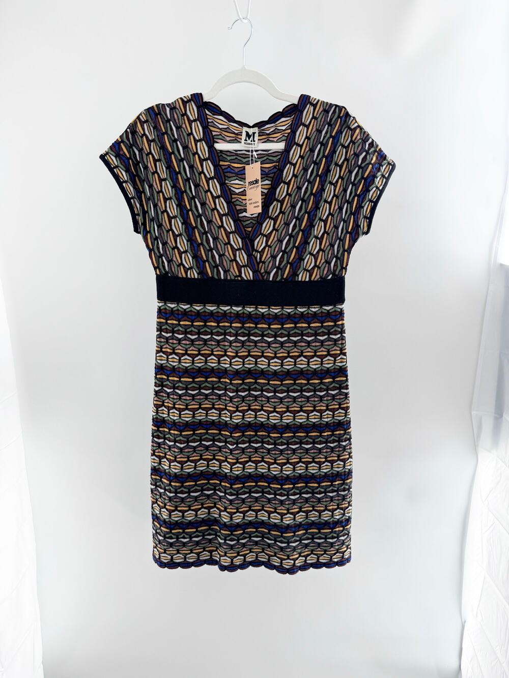 M Missoni Geometric Short Sleeve V-Neck Knit Midi Dress w/ Slip Brown Multi 10